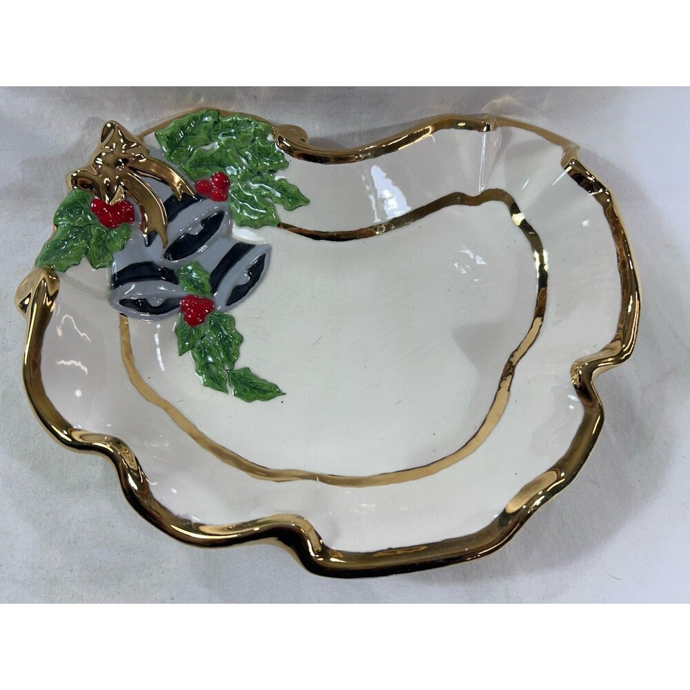 Vintage 1979 Christmas Bells Holly Leaves Ceramic Dish Platter Gold Rimmed 11"